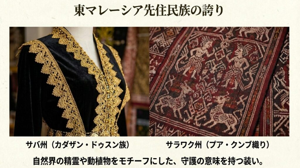 サバ州とサラワク州の先住民族による伝統的な織物や紋様をあしらった衣装の解説
