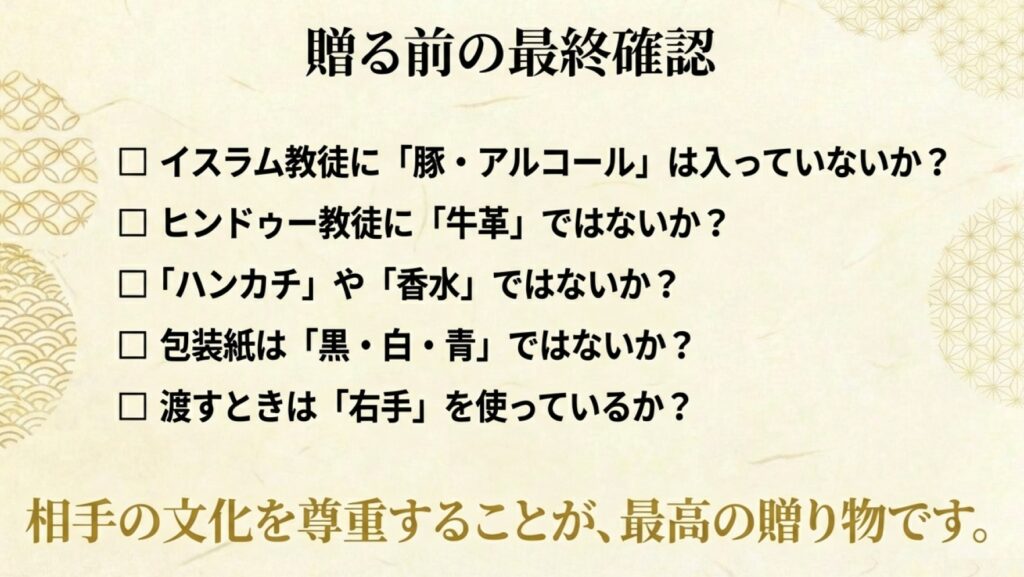贈る前の最終確認チェックリスト。豚・アルコール、牛革、ハンカチ・香水、包装紙の色、右手の使用について確認項目が並び、相手の文化を尊重することが最高の贈り物であると締めくくられている 。