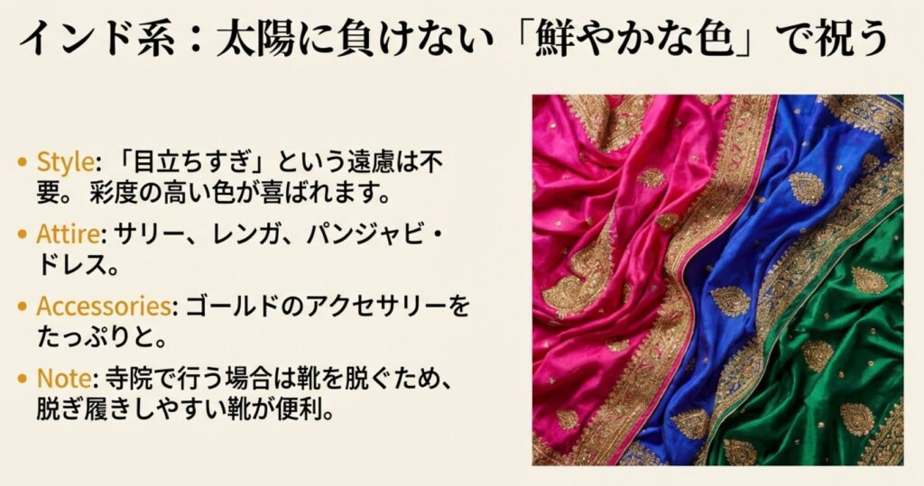 インド系結婚式に推奨される彩度の高い鮮やかな色のドレス。サリーやレンガの紹介と、ゴールドのアクセサリーを多用するスタイルの解説。
