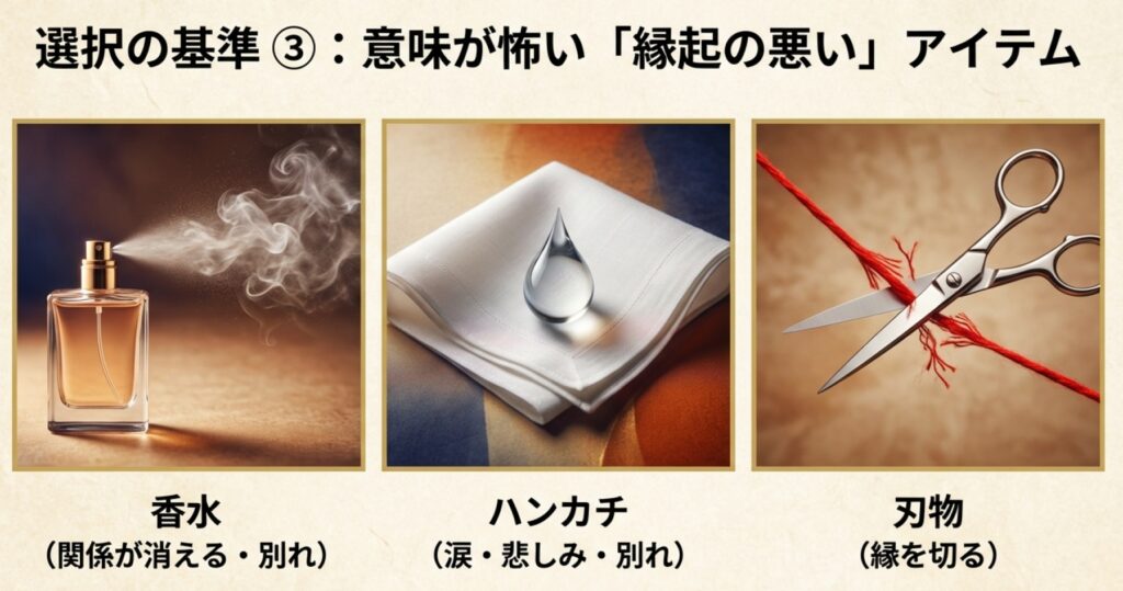別れや関係の解消を連想させる香水、ハンカチ、刃物のタブーについてのスライド。