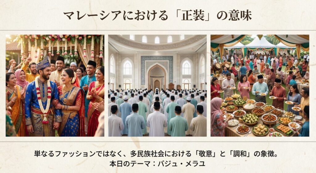 マレーシアの結婚式、モスクでの礼拝、多民族が集まる食事会の様子を写した3枚の写真