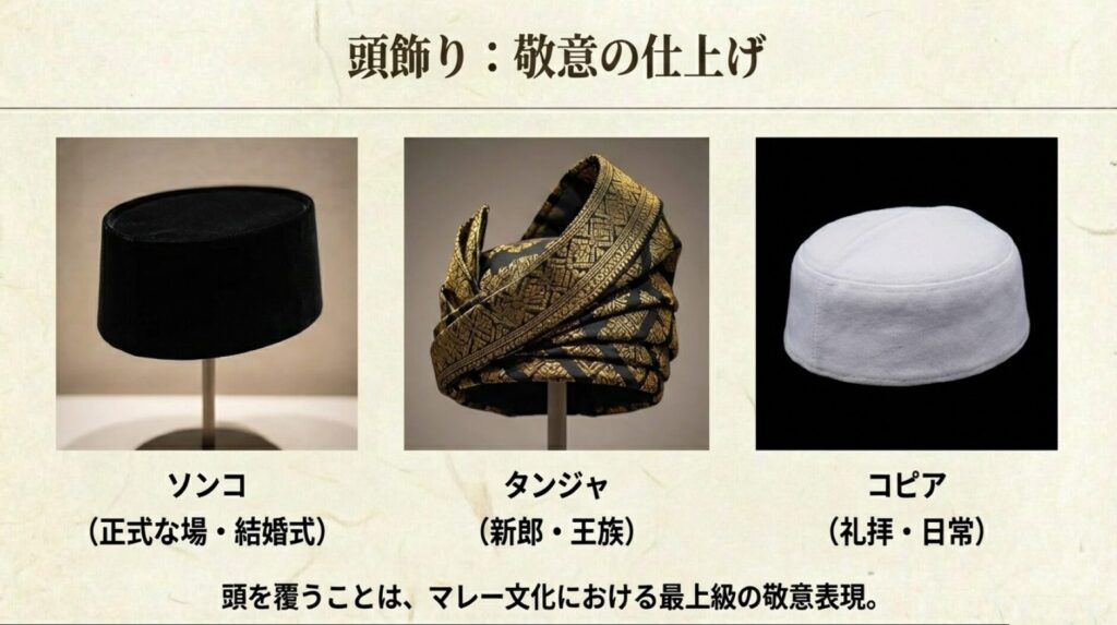 ソンコ、タンジャ、コピアの3種類の頭飾りの写真と使い分けの解説