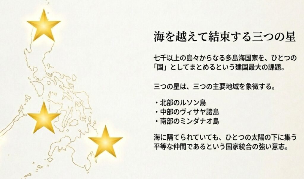 3つの星がルソン島、ヴィサヤ諸島、ミンダナオ島の3主要地域を象徴し、国家統合の意志を示していることを説明するスライド