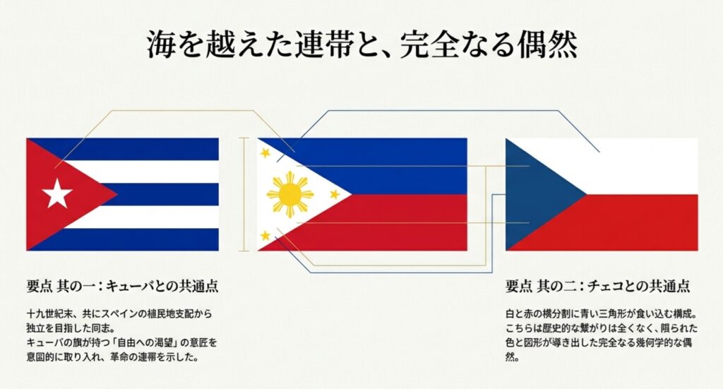 キューバ国旗との共通点(独立の連帯)とチェコ国旗との共通点(幾何学的な偶然)を説明する図解スライド