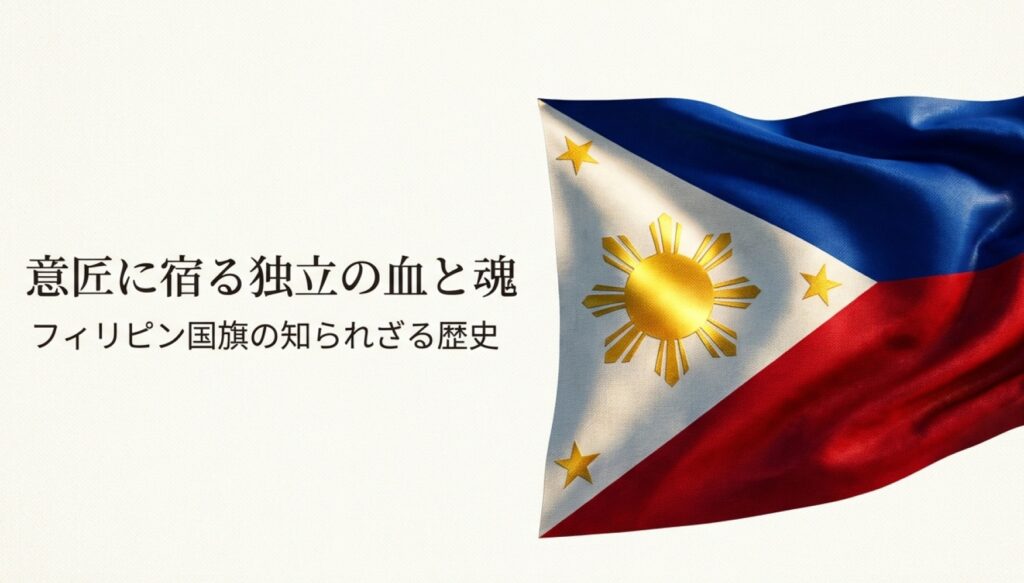 フィリピン国旗の画像と、意匠に宿る独立の血と魂というタイトルが書かれたスライド