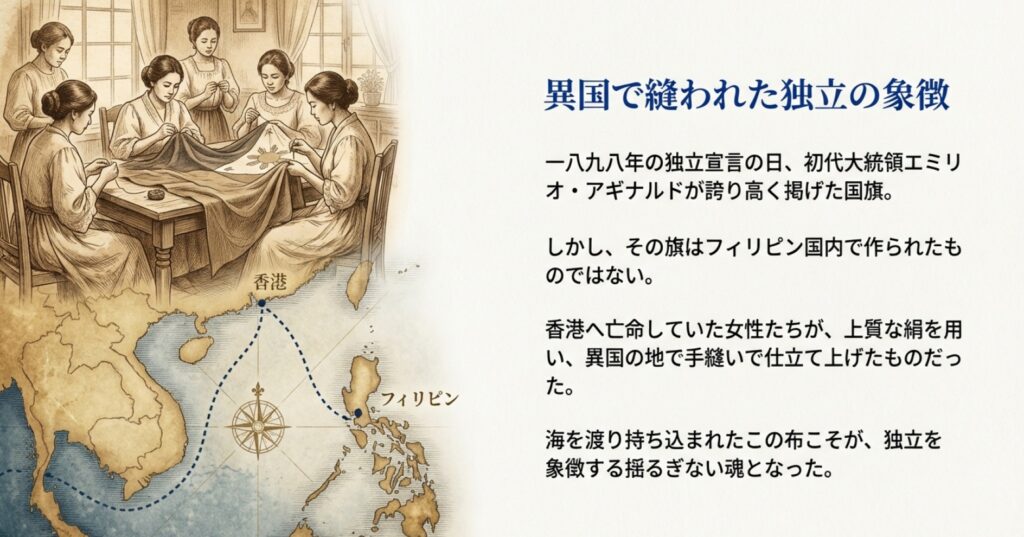 898年の独立宣言時に掲げられた国旗が、香港に亡命していた女性たちの手によってシルクで縫われた歴史を示すスライド