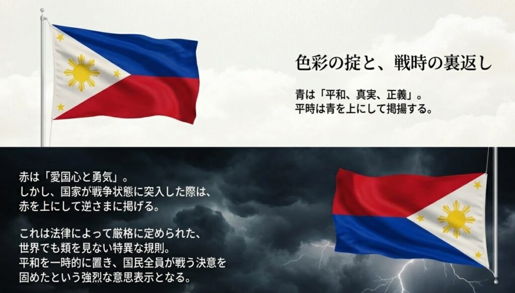 平時は青が上、戦時は赤を上にして掲げるフィリピン独自の掲揚規則を説明するスライド