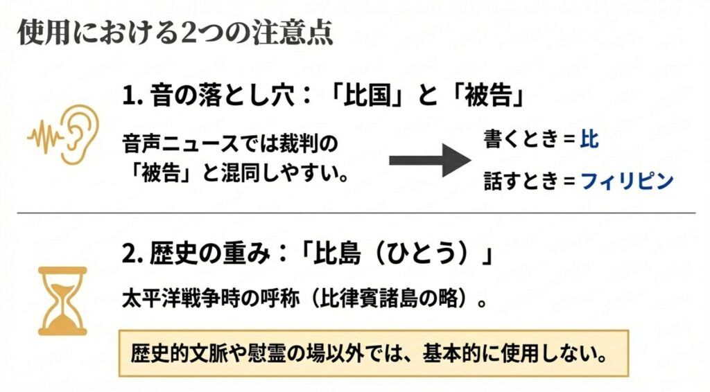 音声ニュースで「被告」と混同しやすい「比国」の注意点と、歴史的文脈以外では使用を控えるべき「比島」についての解説。