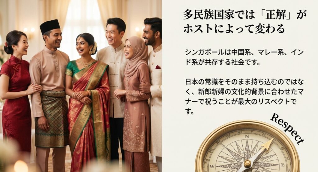 シンガポールの多文化社会における結婚式マナーの考え方。日本の常識ではなく、ホストの文化的背景に合わせることが最大のリスペクトであることを示すコンパスの画像。