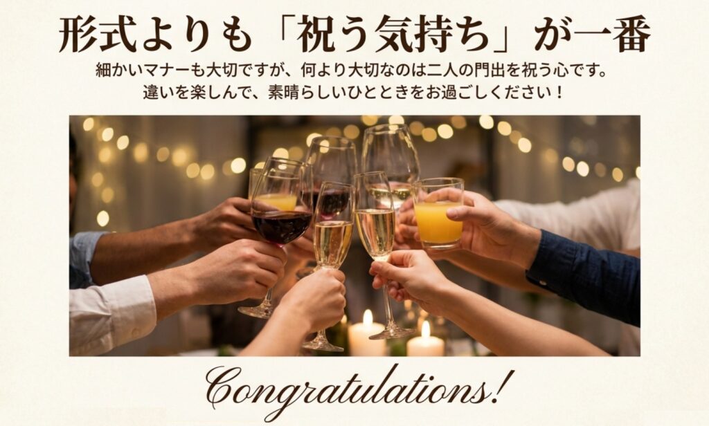 皆でグラスを合わせ、乾杯して祝っている様子