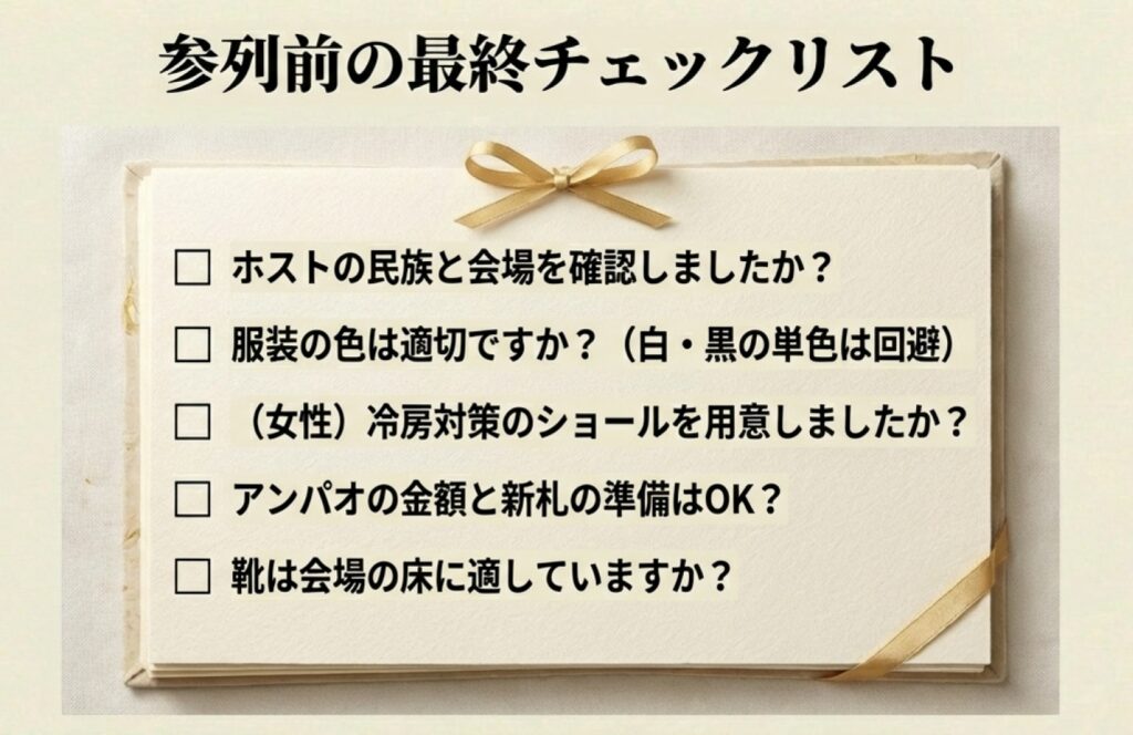 ホストの民族確認、色のマナー、冷房対策、アンパオの準備、靴の選択など、参列前に確認すべき5つの項目。