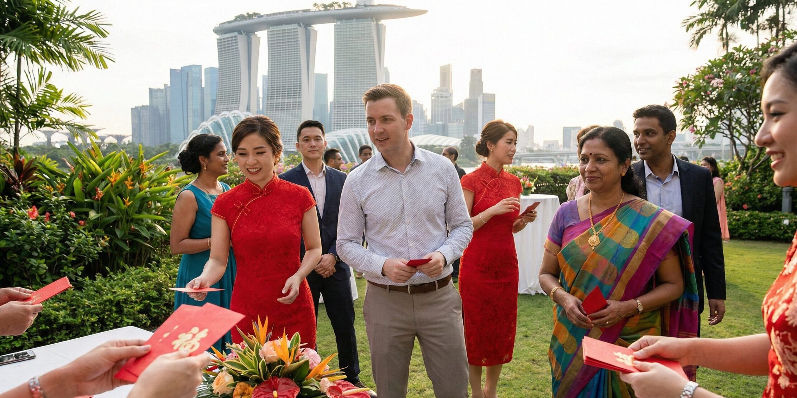 ホテルのガーデンテラスでの結婚式。マリーナベイ・サンズを背景に多様な服装のゲスト。