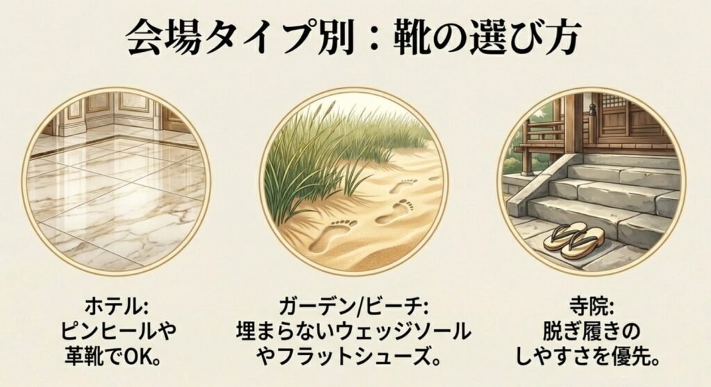 ホテル（革靴・ヒール）、ガーデン（ウェッジソール）、寺院（脱ぎ履きしやすさ）など、会場の床の状態に合わせた靴の選び方。