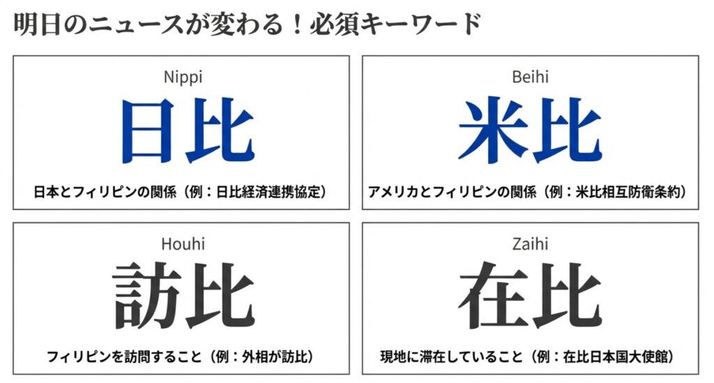 日比（日本と比）、訪比（フィリピン訪問）、米比（アメリカと比）、在比（現地に滞在）の4つの熟語と読み方、意味の解説。