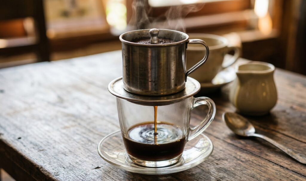 ベトナム伝統のステンレス製フィンフィルターを使用してコーヒーを淹れている様子