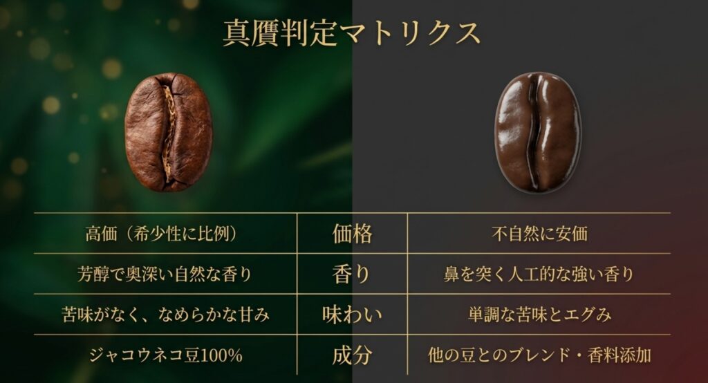価格、香り、味わい、成分の4項目で本物と偽物を比較した真贋判定マトリクス