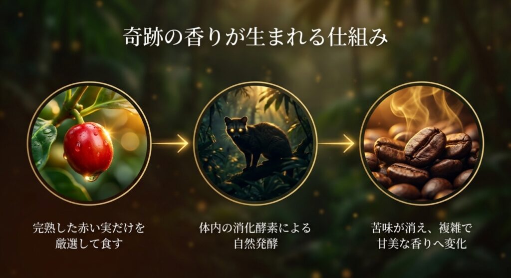 ジャコウネコが完熟した実を食べ、体内の消化酵素で自然発酵し、苦味が消えて甘美な香りに変化するプロセスのイラスト