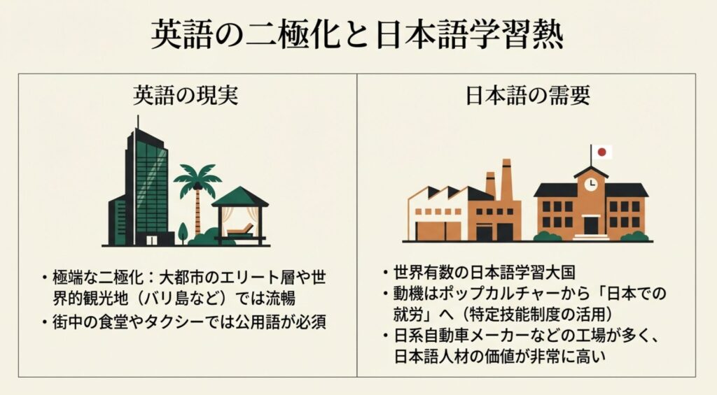 英語の習熟度の二極化と、日本での就労を目指す若者たちの日本語学習ニーズを示す図