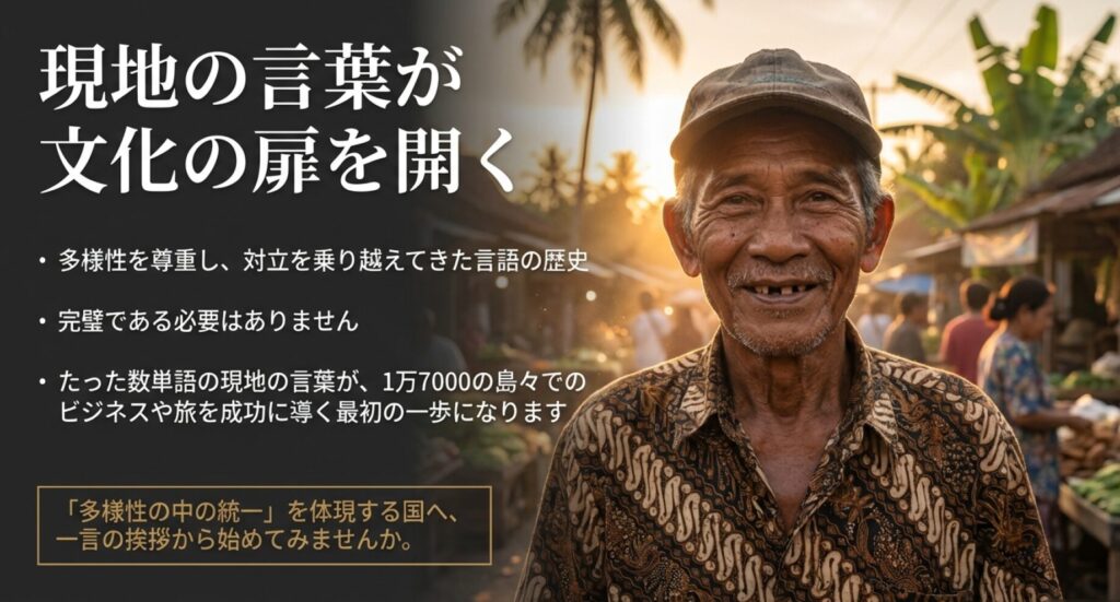 多様性を尊重する国の歴史を学び、一言の挨拶から始めようという結びのメッセージ