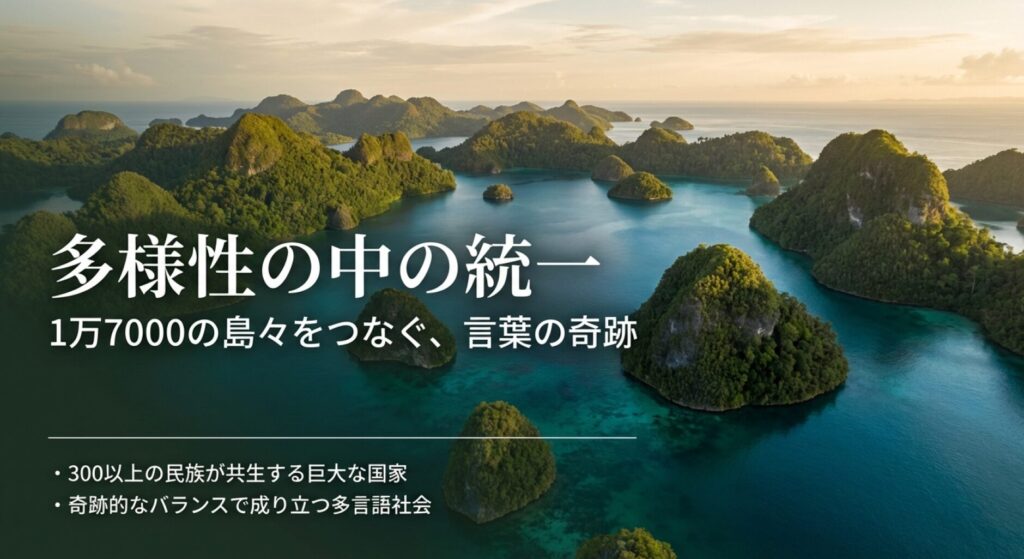 1万7000の島々と300以上の民族が共生するインドネシアの多様性を象徴するスライド