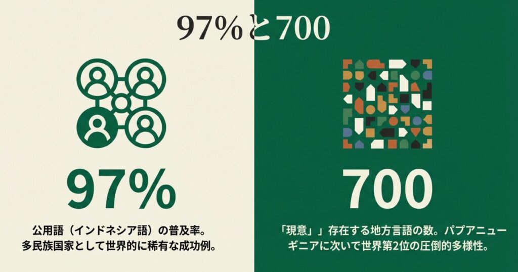 公用語の普及率97%と、現存する700以上の地方言語の数を示す統計データ