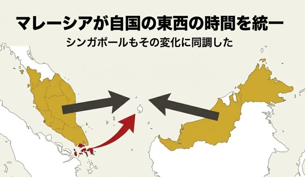 マレーシアが自国の東西の時間を統一し、それにシンガポールが同調した背景を説明するスライド