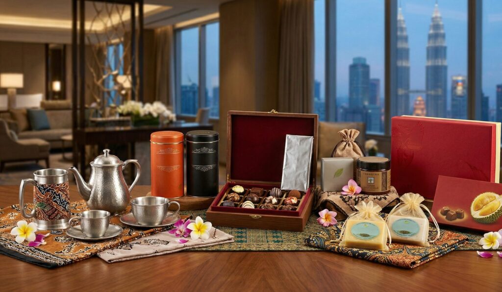 テーブルの上に並ぶマレーシアの高級なお土産の数々