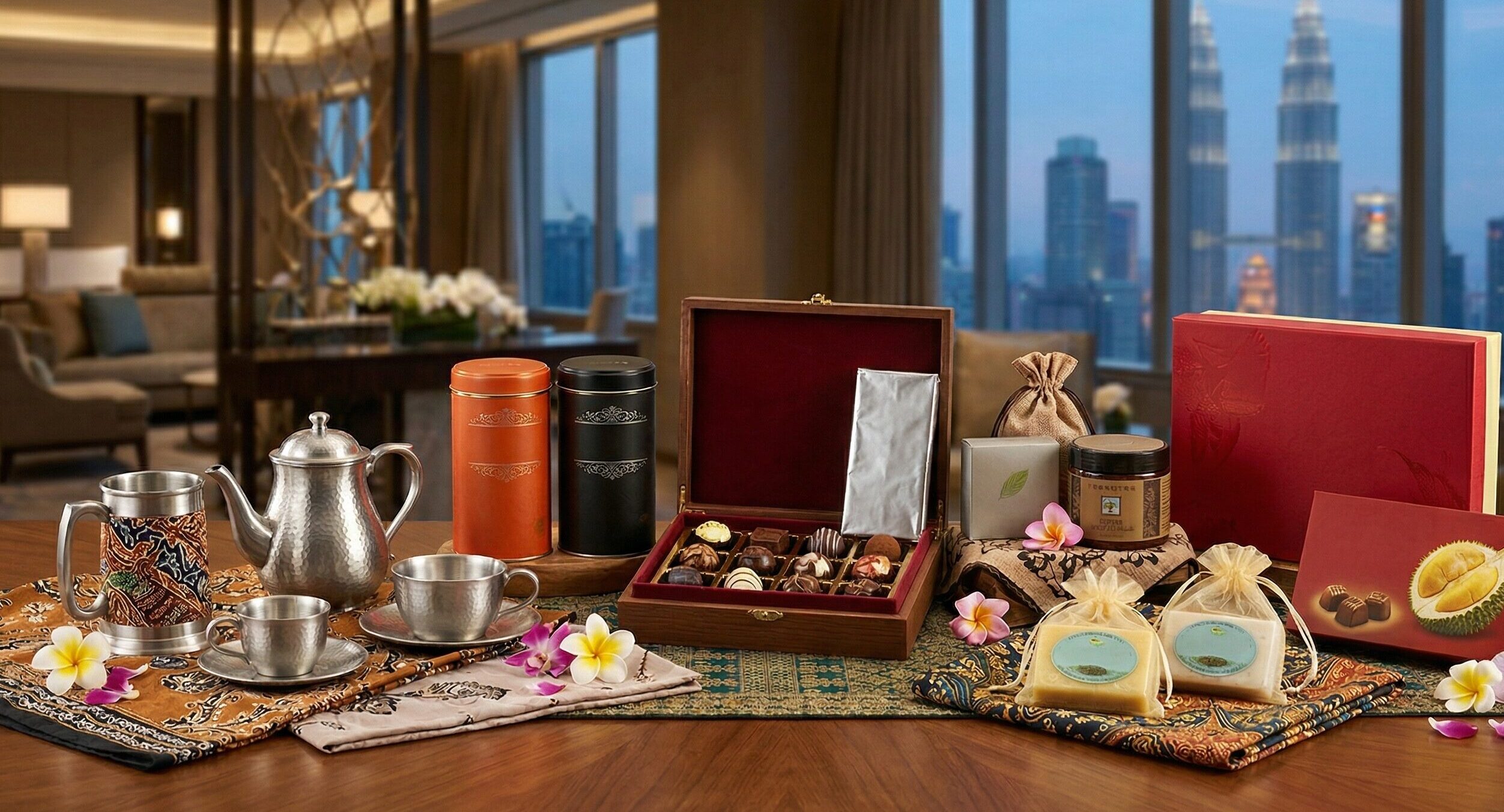 テーブルの上に並ぶマレーシアの高級なお土産の数々