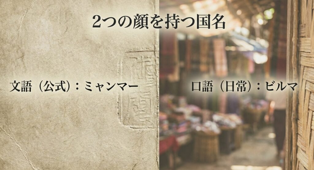 公式な文語「ミャンマー」と日常的な口語「ビルマ」の二重構造を示す図解