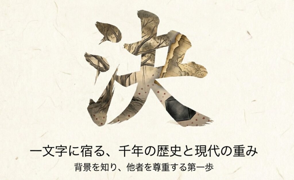 背景に樹木が描かれた「決」という漢字と共に、千年の歴史と現代の重みを伝えるスライド