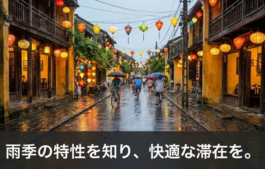 雨に濡れた路面とランタンが美しい、雨季のホイアンの情緒あふれる街並みの写真