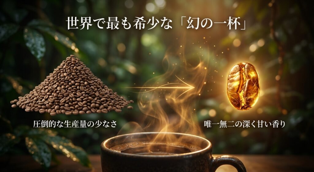 世界で最も希少な「幻の一杯」とされる理由（生産量の少なさと深く甘い香り）を説明する図解