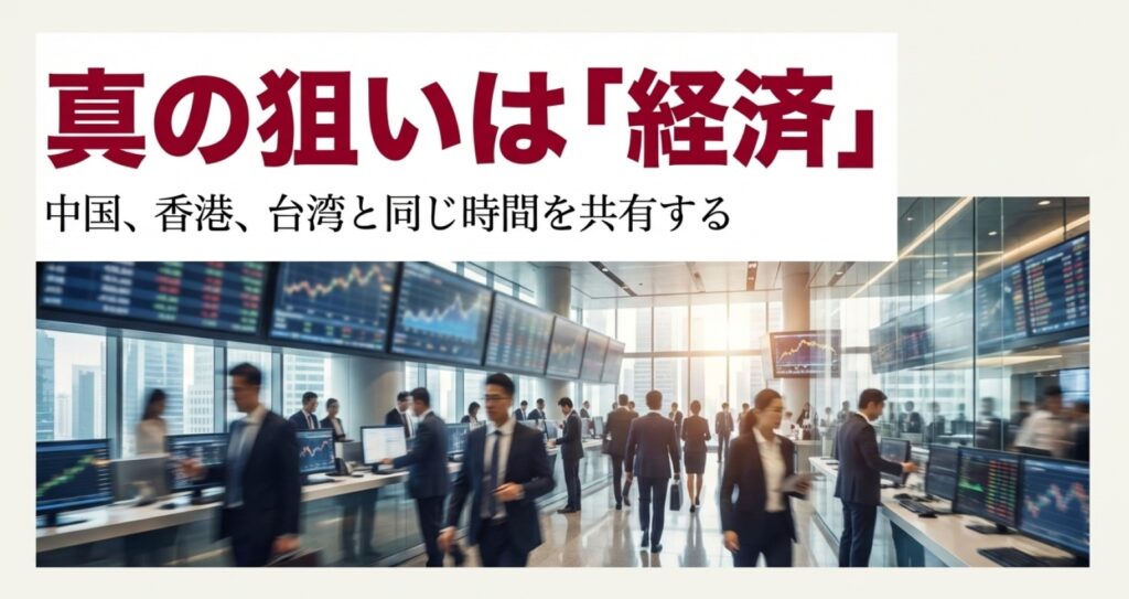 金融取引所の背景画像と「真の狙いは経済。中国、香港、台湾と同じ時間を共有する」というテキスト