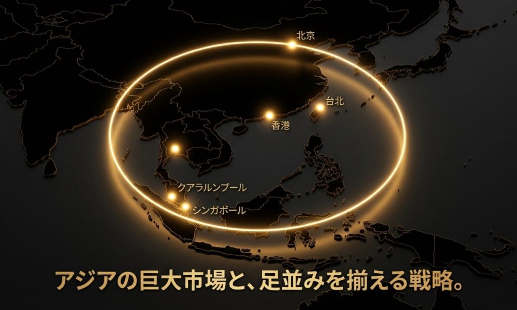 クアラルンプール、北京、台北、香港などアジアの主要都市と時間を合わせるシンガポールの戦略を示したスライド。