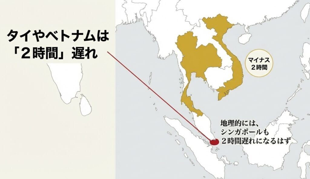 タイやベトナムは2時間遅れだが、シンガポールも地理的には2時間遅れになるはずであることを示す比較地図