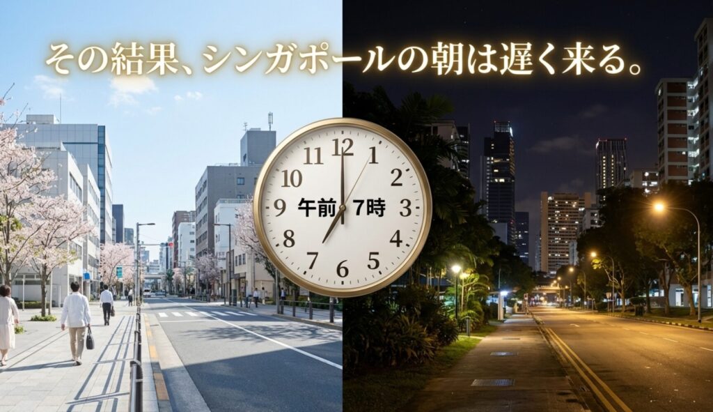 シンガポールの朝が遅く来ることを示す時計のイラストとテキスト。