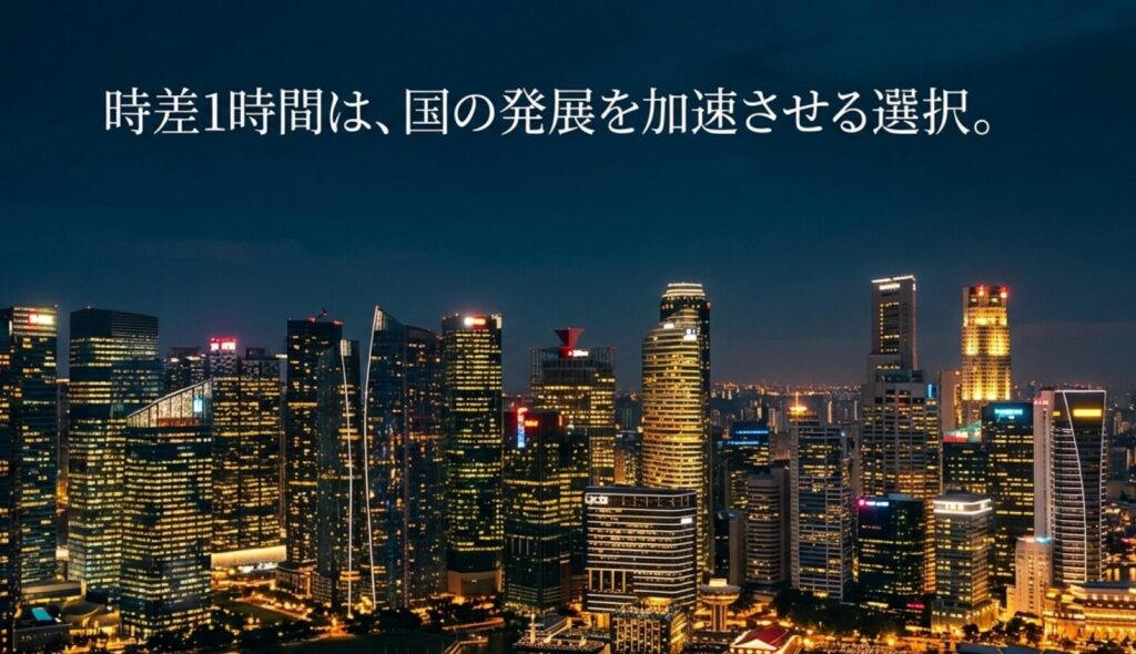 シンガポールの美しい夜景とともに、時差1時間が国の発展のための選択であることを伝えるスライド。