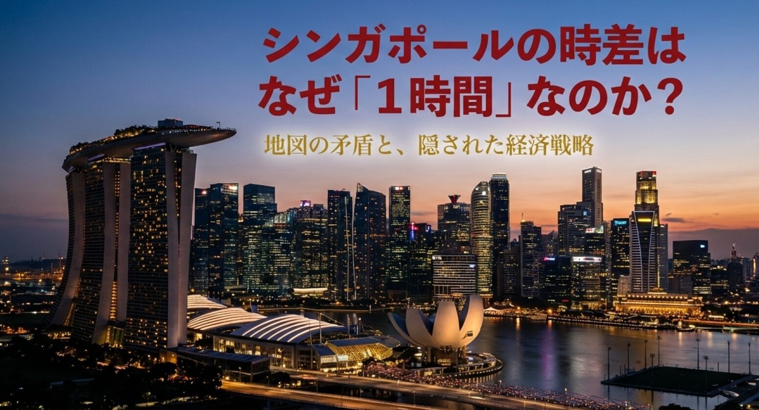 シンガポールの夜景を背景に「シンガポールの時差はなぜ1時間なのか？地図の矛盾と隠された経済戦略」という文字が入ったタイトル画像