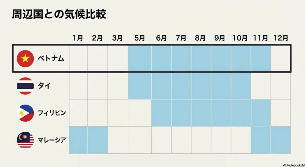 ベトナム、タイ、フィリピン、マレーシアの各月の雨季・乾季の時期を比較した一覧表
