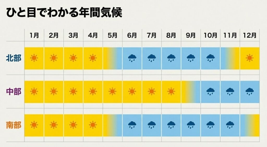 北部・中部・南部のベトナム全土の年間気候をひと目で確認できる一覧表