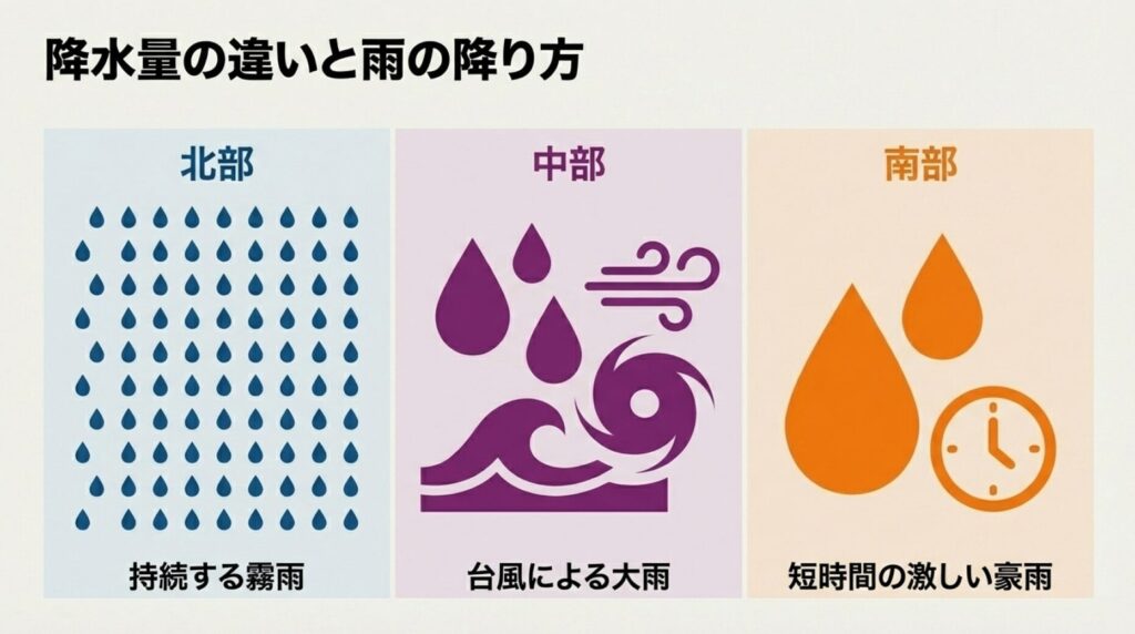 北部の霧雨、中部の台風・大雨、南部の短時間の激しい豪雨といった雨の降り方の違いを比較した図