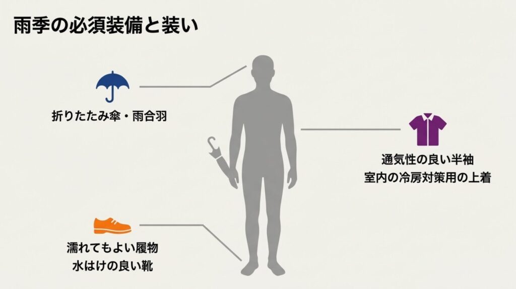 折り畳み傘、レインコート、通気性の良い服、冷房対策の上着など、ベトナム雨季の持ち物と服装のリスト