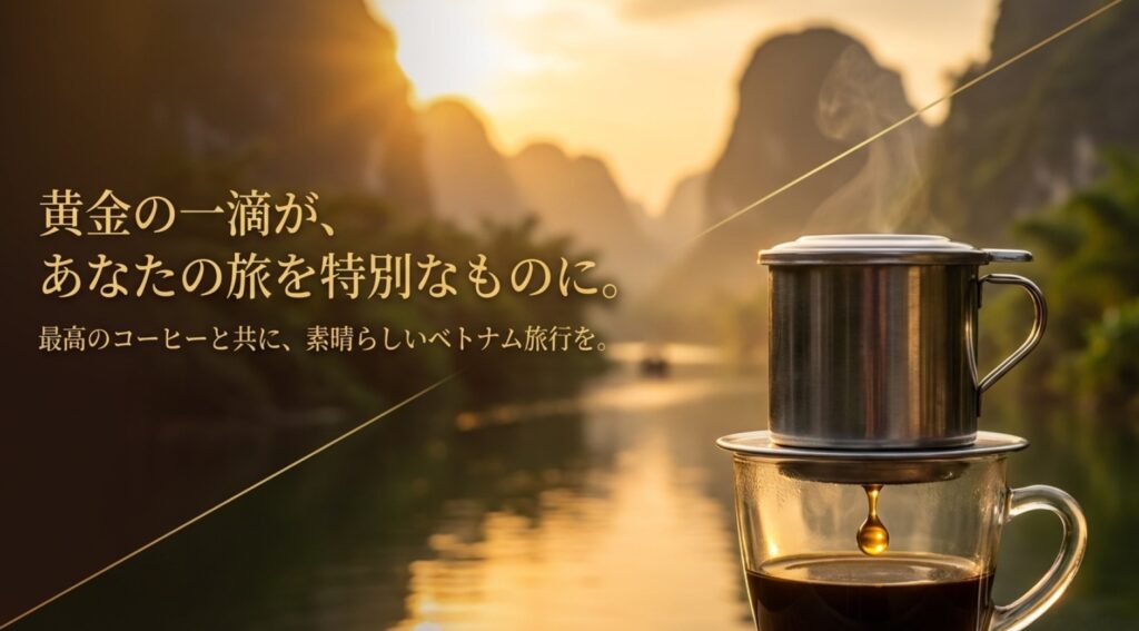 「最高のコーヒーと共に、素晴らしいベトナム旅行を」というメッセージスライド