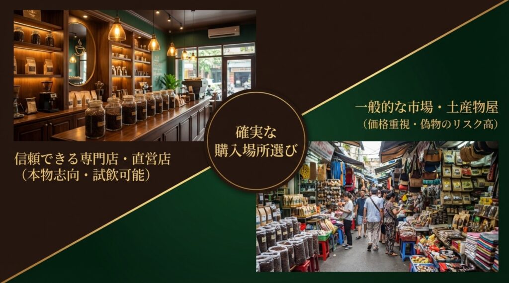 試飲が可能な信頼できる専門店と、偽物リスクが高い一般的な市場の比較写真