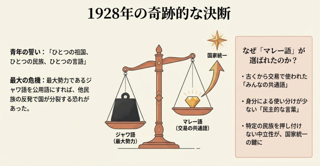 最大勢力のジャワ語ではなく、中立的で民主的なマレー語が国家統一のために選ばれた背景を説明する天秤の図