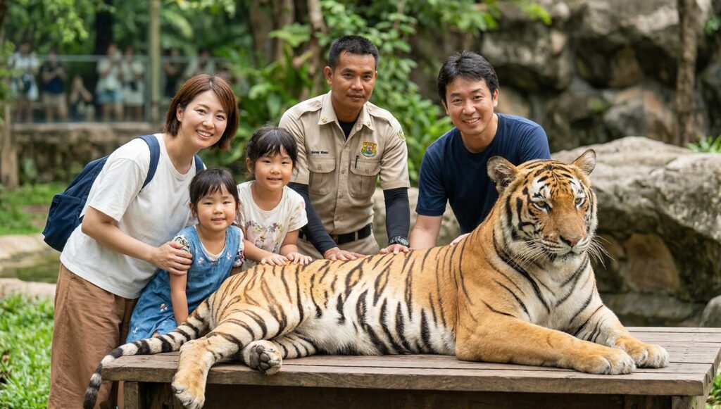 バンコクのサファリワールドにて、安全管理のもと、アジア人(日本人)家族がリラックスした表情の大人のトラと笑顔で記念撮影をしている様子。隣には飼育員が付き添い、安全を確保している。
