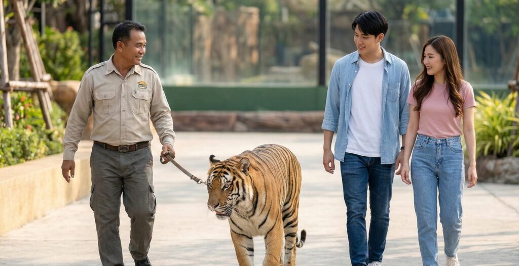 タイガートピア・シーラチャーにて、熟練のハンドラーに引かれた大人のトラと、その横を並んで歩く日本人カップル。トラは落ち着いており、観光客は安全な距離を保ちつつ、スリルと感動を体験している。