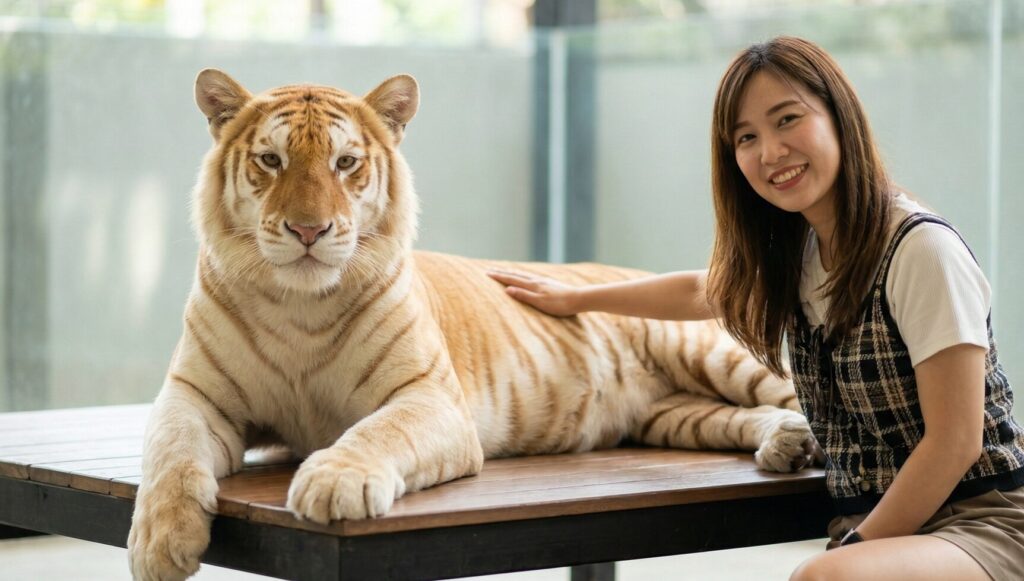 タイガーパーク・パタヤにて、希少な「ゴールデン・タビー・タイガー」と触れ合い、笑顔で記念撮影をする日本人女性。黄金の毛並みを持つトラは穏やかで、安全な環境で貴重な体験をしている。
