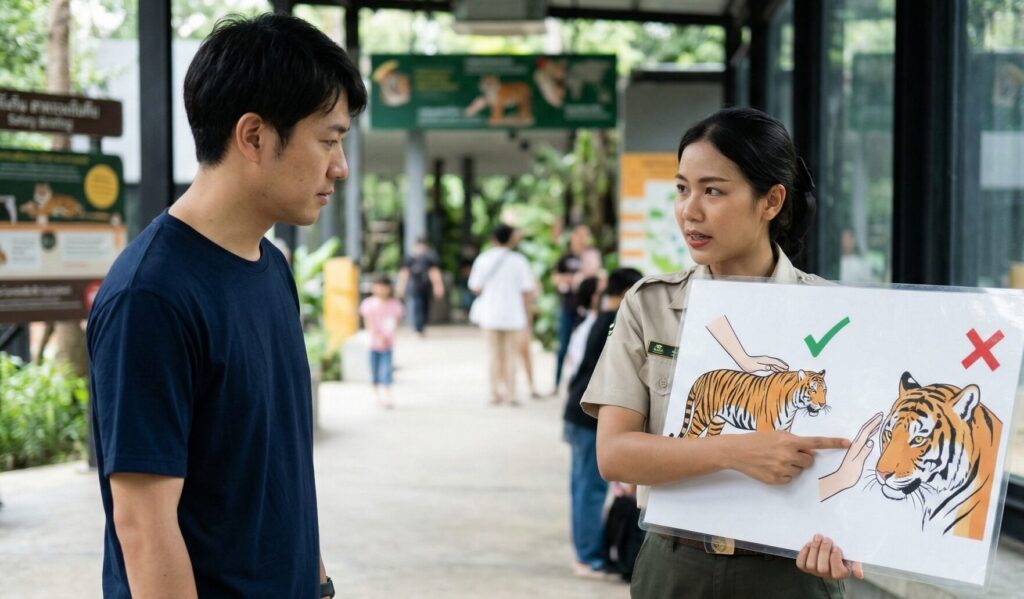 タイの動物園にて、トラとの撮影前に日本人観光客が女性スタッフから安全に関するブリーフィングを受けている様子。スタッフはイラストが描かれたパネルを使い、触り方のマナーや禁止事項を丁寧に説明している。