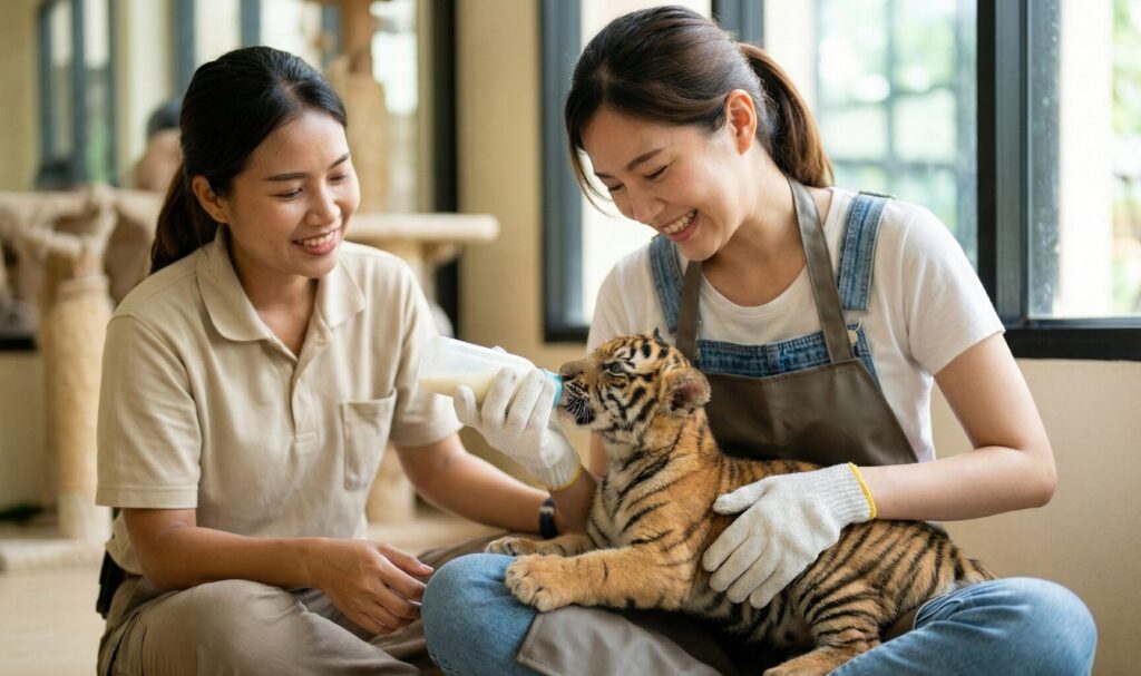 シリパーク&ズーにて、日本人女性観光客が赤ちゃんトラを膝の上に乗せ、ミルクを与えているアットホームなシーン。横で女性スタッフが優しくサポートしており、安全で濃厚な触れ合い体験が伝わる。